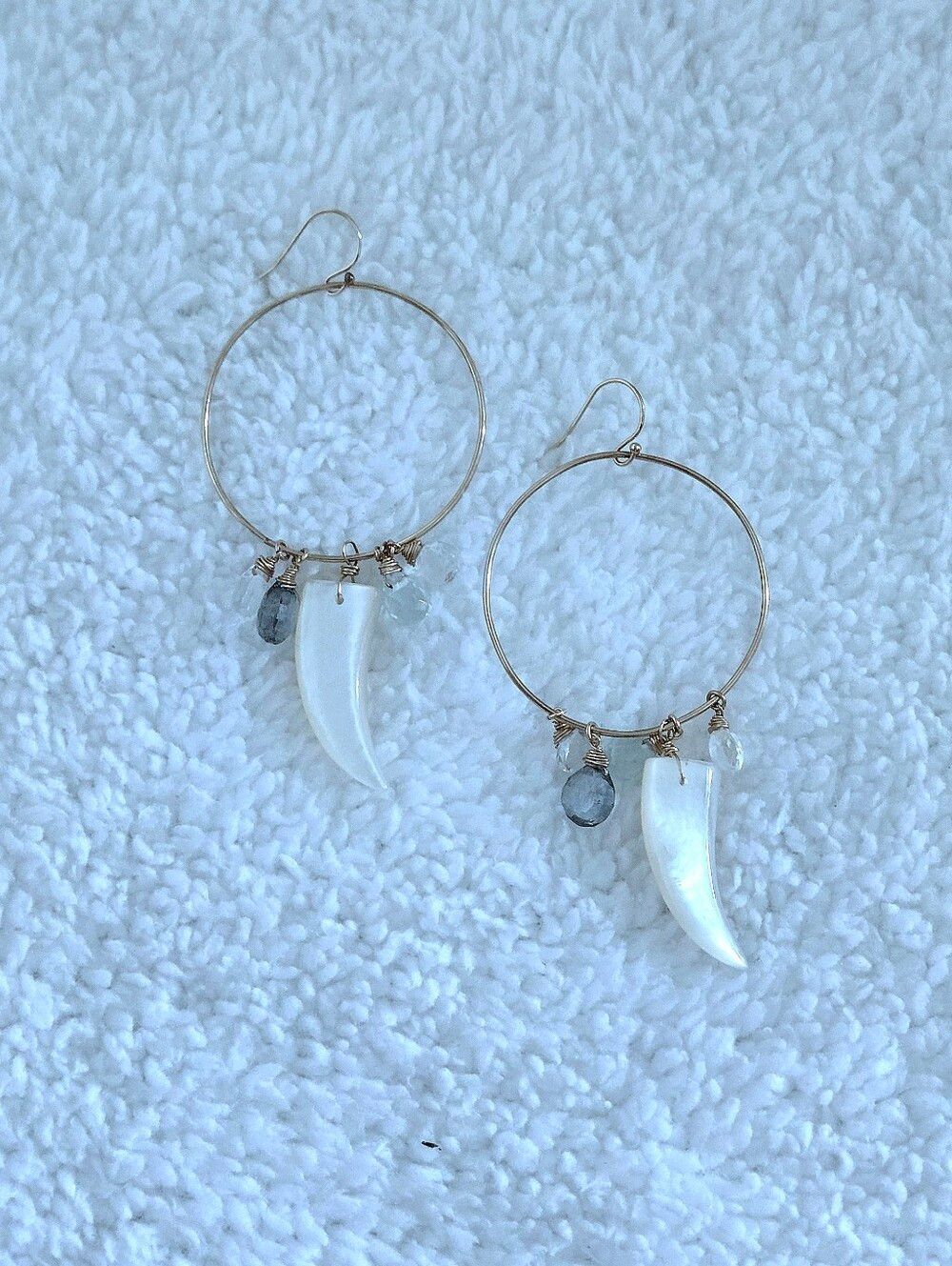 Open Gold💛 Circle⭕️ Earrings with Mother of Pearl Horn📯 and Gemstones💎 - Picture 10 of 15